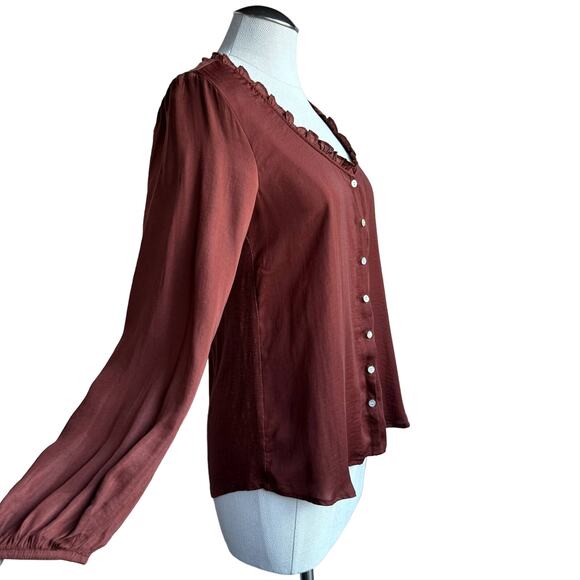 Dolan Womens Blouse Small Ruffled Neck Button Down Long Sleeve Top Brown Casual - Picture 3 of 10